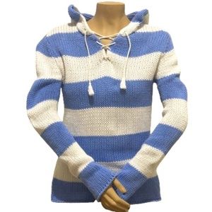 Tommy Hilfiger Blue and White striped Cotton knit hoodie Medium